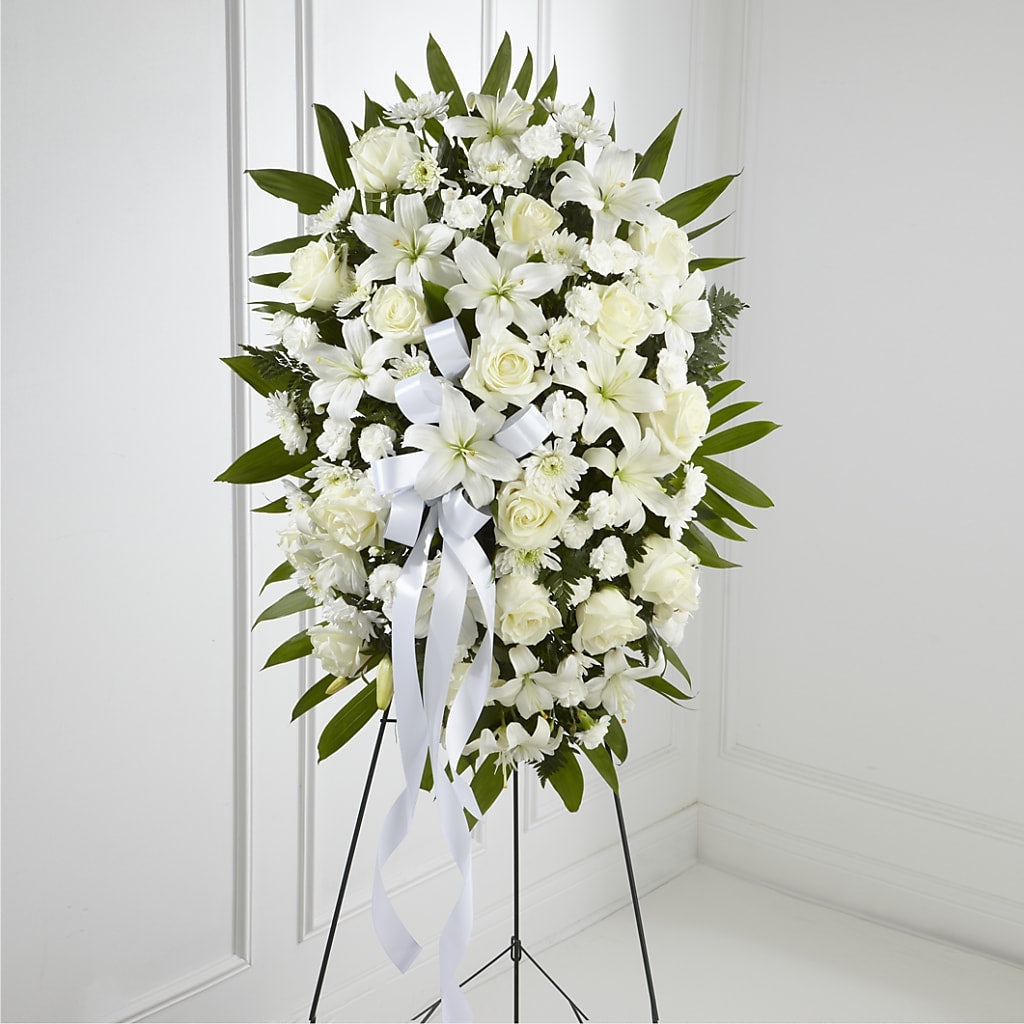 Exquisite Tribute Standing Spray-White Ribbon – United Floral Svc Inc, Philadelphia PA