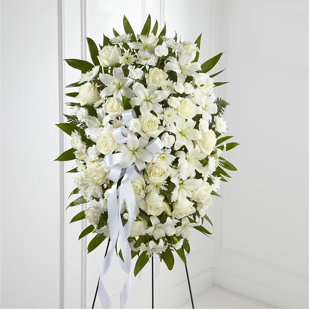 Exquisite Tribute Standing Spray-White Ribbon – United Floral Svc Inc, Philadelphia PA