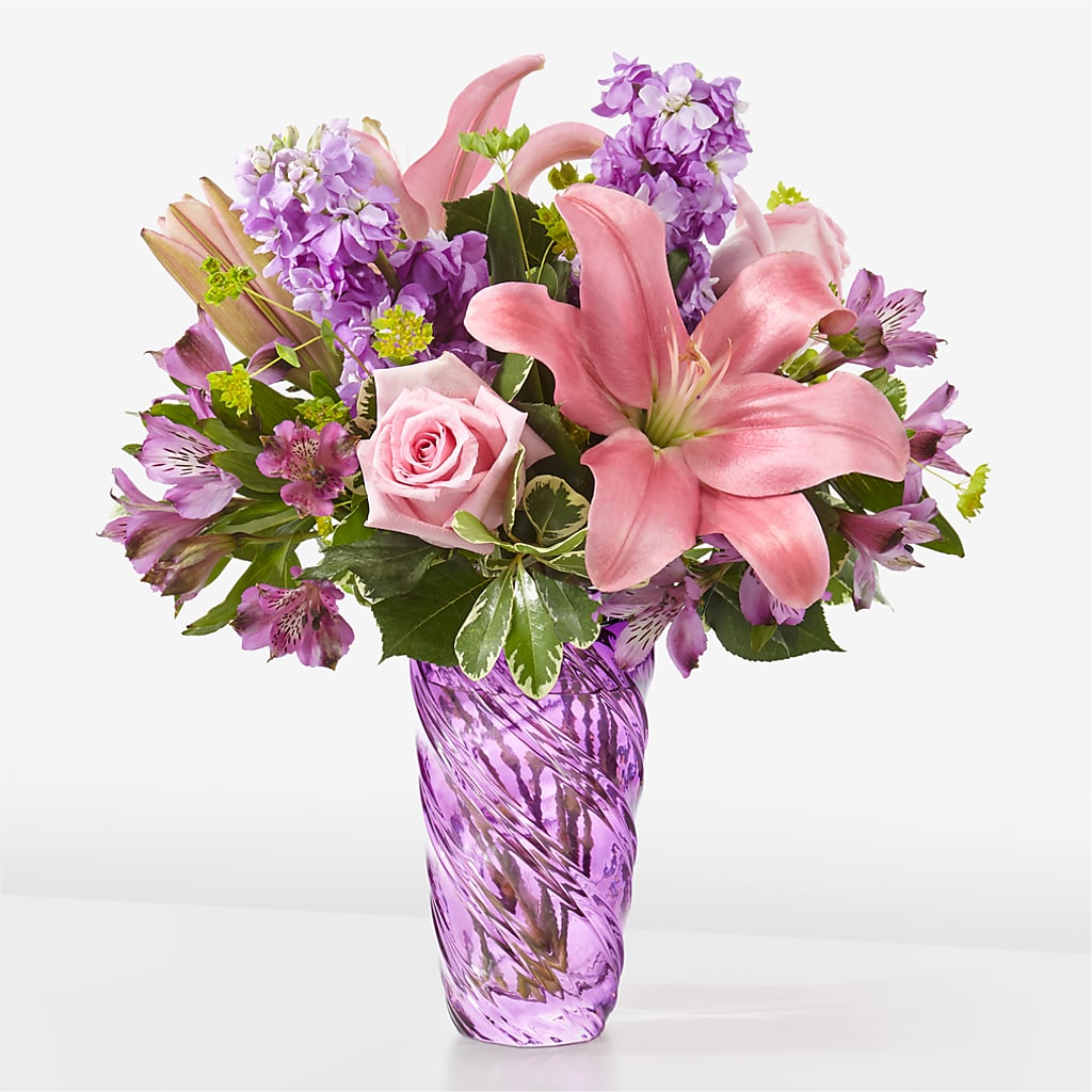 Precious Petals Bouquet with Luxe Swirl Vase – United Floral Svc Inc, Philadelphia PA