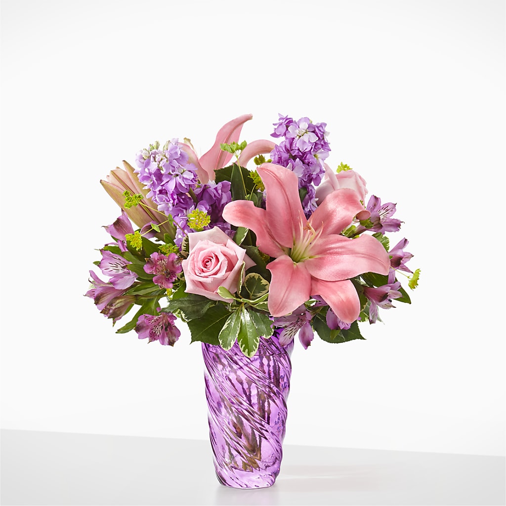 Precious Petals Bouquet with Luxe Swirl Vase – United Floral Svc Inc, Philadelphia PA