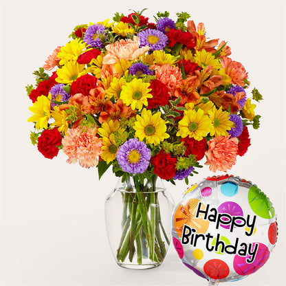 Kaleidoscope Bouquet with Birthday Balloon –  United Floral Svc Inc, Philadelphia PA